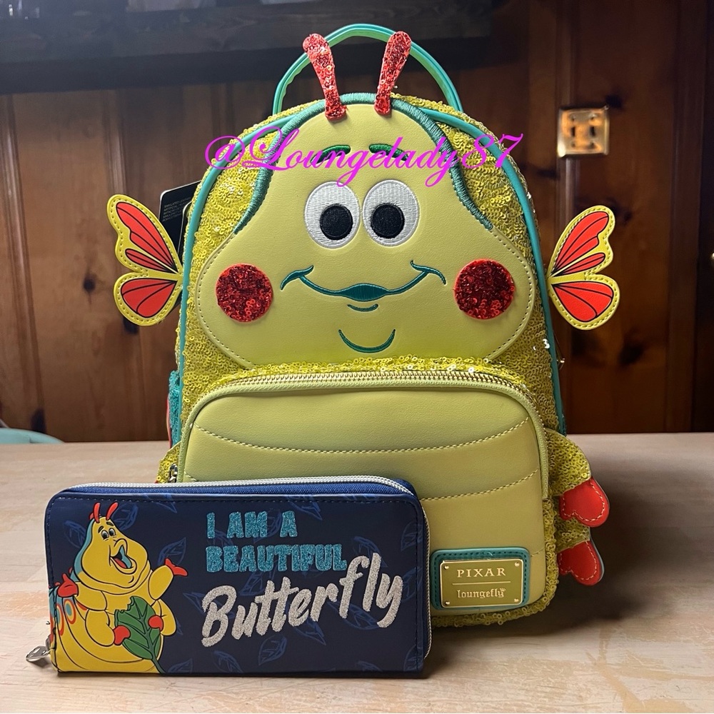 NWT A Bug's Life Heimlich Exclusive Sequined Loungefly Mini Backpack and Wallet
